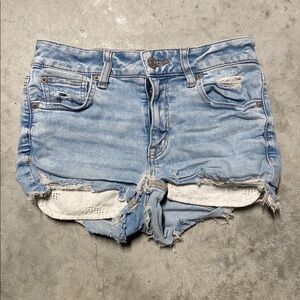 American Eagle Distressed Light Blue Denim High Rise Shortie Shorts